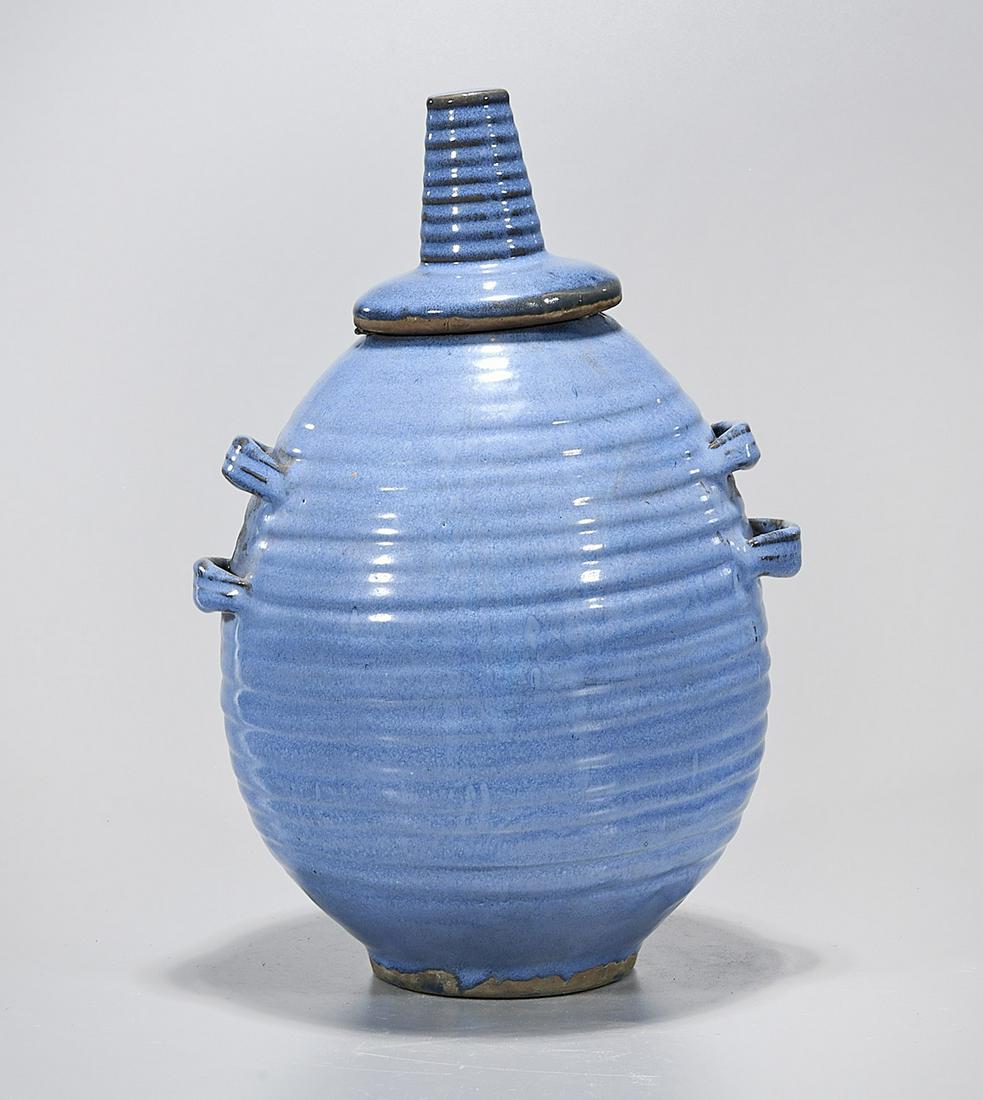 Chinese Glazed Ceramic Covered Jar: Chinese blue glazed ceramic covered jar; handles to sides; 13" x 8" (approx.) Condition: wear, frits, pits, minor loss