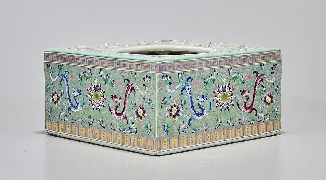 Chinese Enameled Porcelain Brush Washer: Chinese enameled porcelain square form brush washer; dragon motif; 4" x 8" sq. (approx.) Condition: wear, frits, pits, minor loss