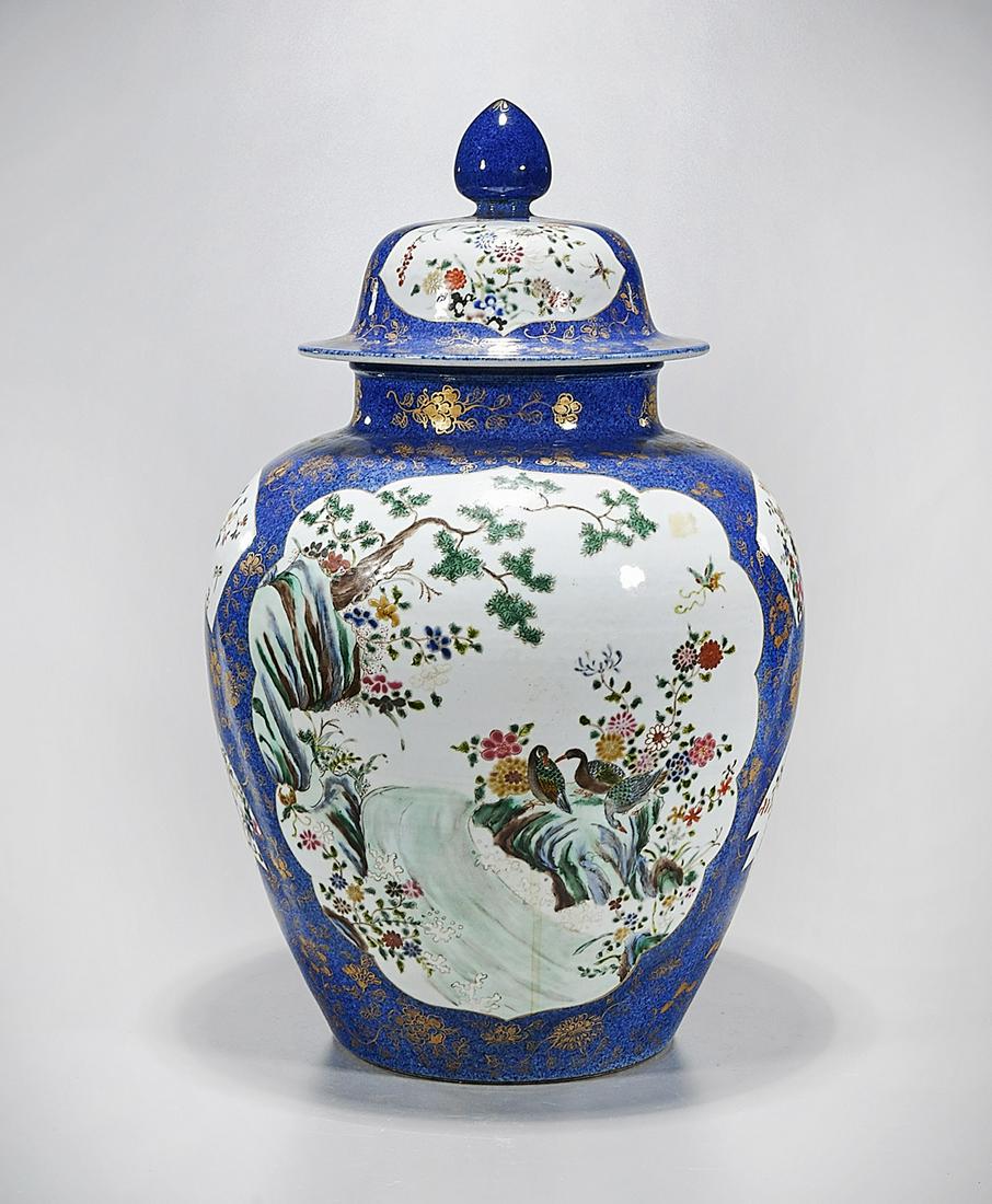 Chinese Enameled Porcelain Covered Vase: Chinese enameled porcelain covered vase; scenes of birds and flowers, surrounded by gilt painted flower design; 20 1/2" x 13 1/2" (approx.) Condition: wear, frits, pits, minor loss