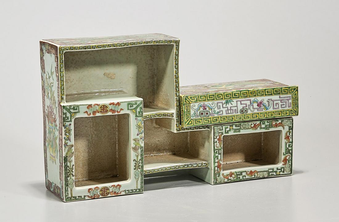 Chinese Enameled Porcelain Miniature Shelving Cabinet: Chinese enameled porcelain miniature shelving cabinet; with one drawer; 8 1/2" x 14" x 3 1/2" (approx.) Condition: general wear, frits, pits, minor losses