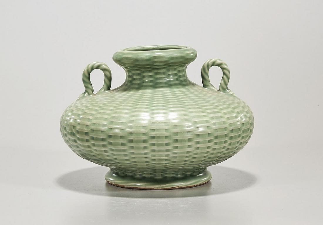 Chinese Green Crackle Glazed Porcelain Vessel: Chinese green crackle glazed porcelain vessel; with wicker and rope form design; 7 1/2" x 11 1/2" (approx.) Condition: general wear, frits, pits, minor losses