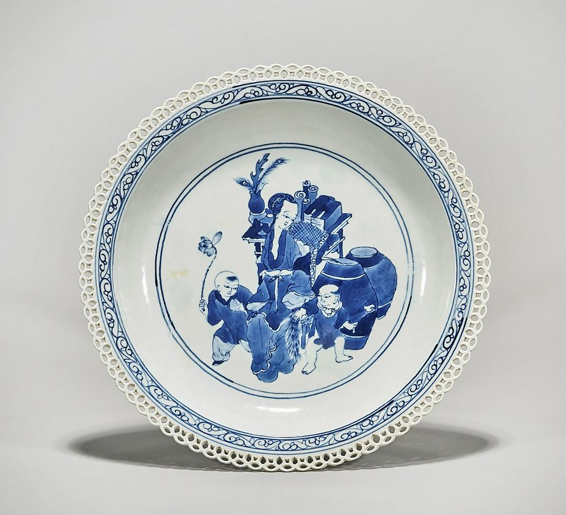 Chinese Blue and White Porcelain Charger: Chinese blue and white porcelain charger; depicting figures; mark to base; D: 12" (approx.) Condition: general wear, frits, pits, minor losses