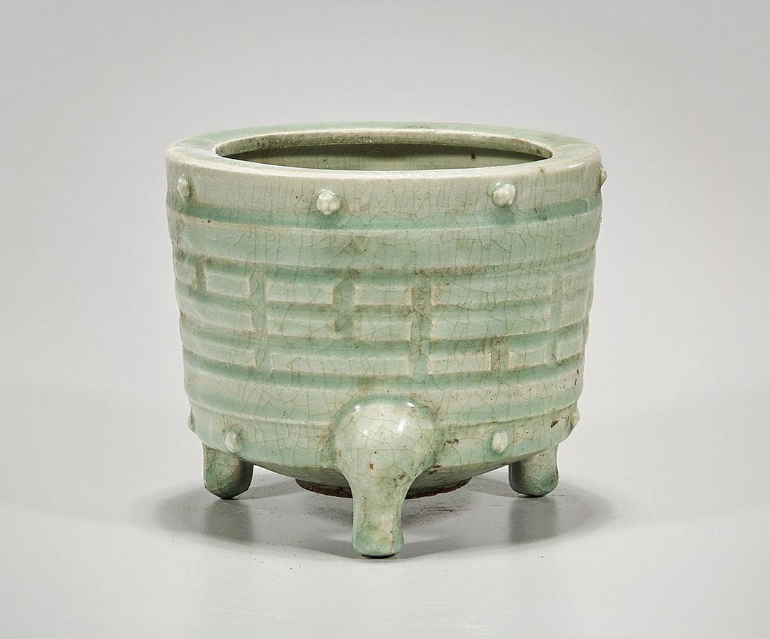 Chinese Celadon Glazed Tripod Censer: Chinese celadon glazed tripod censer; 5" x 6" (approx.) Condition: general wear, frits, pits, minor losses