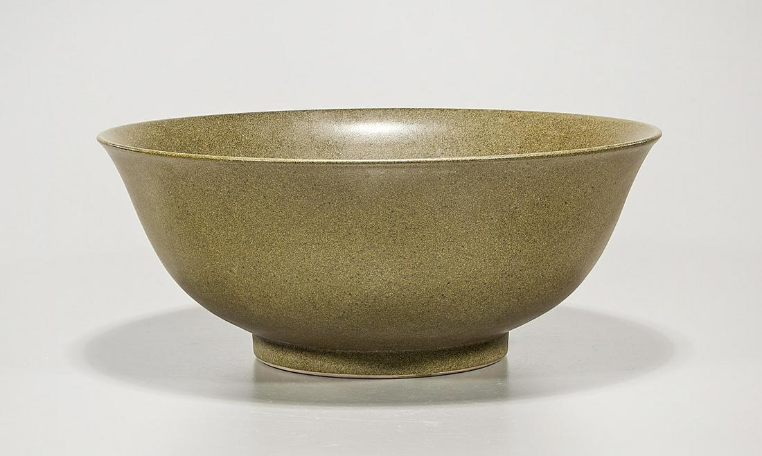 Chinese Tea Dust Glazed Porcelain Bowl: Chinese tea dust glazed porcelain bowl; 5 1/2" x 13 1/2" (approx.) Condition: wear, frits, pits, minor loss