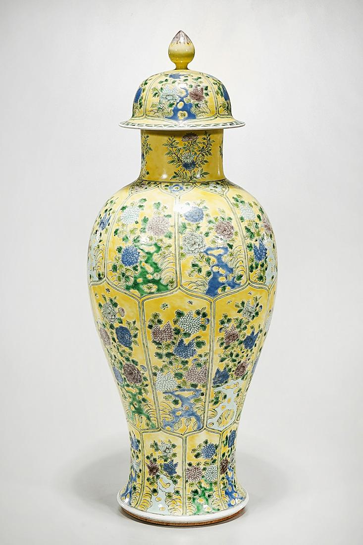 Tall Chinese Enameled Porcelain Covered Vase: Tall Chinese enameled porcelain covered vase; with floral decoration; 27" x 10" (approx.) Condition: general wear, frits, pits, minor losses