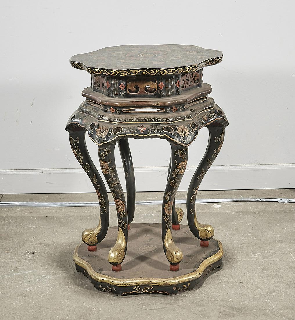 Chinese Painted Wood Table: Chinese painted wood table; depicting character, bats, bamboo, amidst foliate decoration; 29" x 21" (approx.)