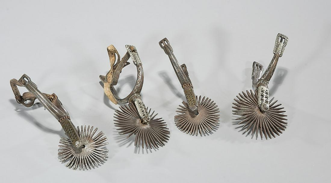 Four Antique Western Cowboy Argentinian Spurs: Four antique Argentinian spurs; no apparent marks; heel width approx. 3 1/2"; L: 9" (approx.)
