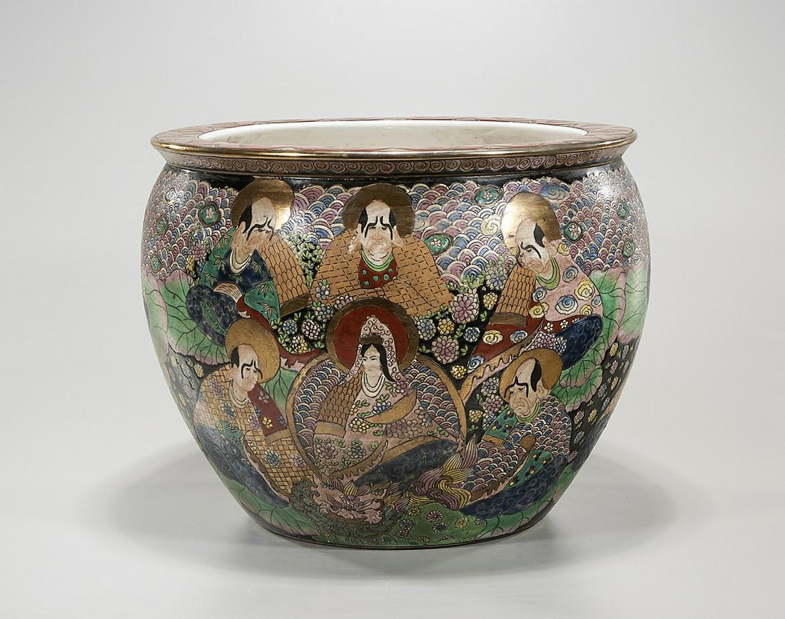 Chinese Enameled Porcelain Fishbowl: Chinese enameled porcelain fish bowl; 11 1/2" x 15 1/2" (approx.) Condition: wear, frits, pits, minor loss