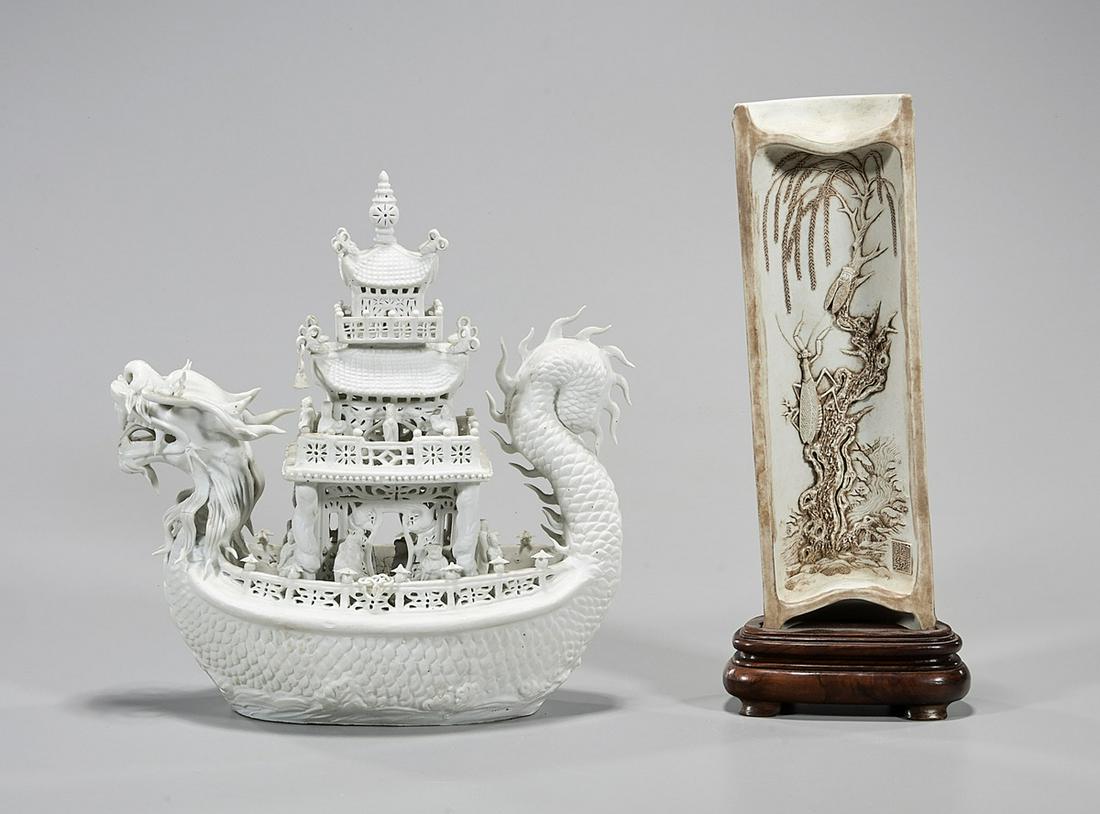 Two Chinese Carved Bisk Porcelains: Two Chinese carved bisk porcelain pieces; including dragon boat and arm rest; Daoguang mark to arm rest; 11" x 3" x 1 1/4" (taller, approx.) Condition: wear, minor losses