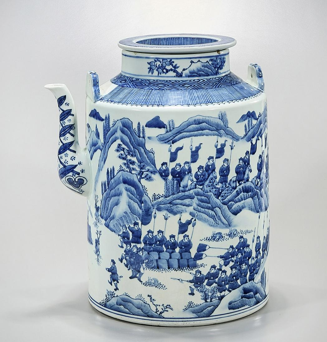 Chinese Blue and White Porcelain covered Vessel: Chinese blue and white porcelain covered vessel; depicting a battle scene; 15 3/4" x 12 3/4" x 11 1/2" (approx.) Condition: wear, frits, pits, minor loss