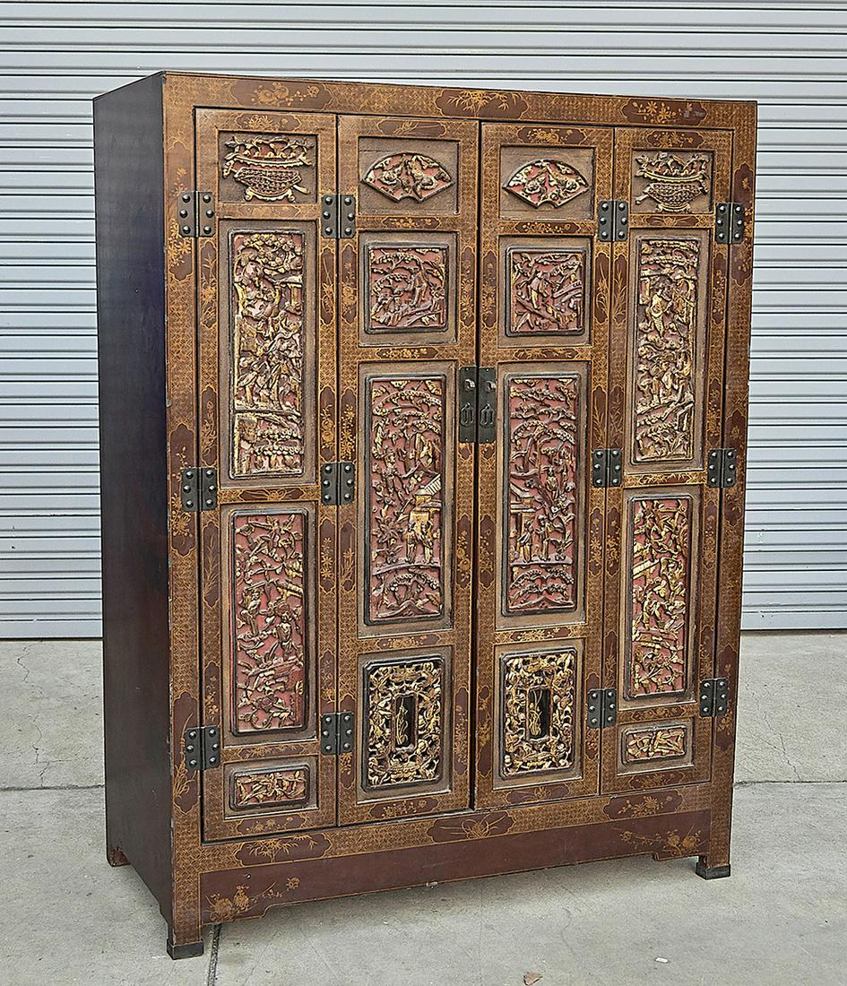 Chinese Carved and Painted Wood Cabinet (1 of 3)