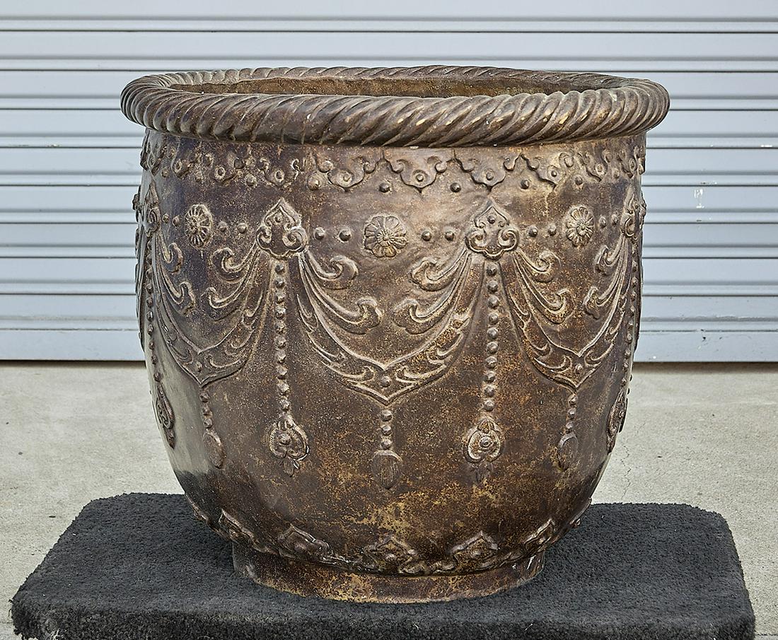 Chinese Bronze Jardiniere: Chinese bronze jardiniere; with repeating tassel pattern in relief; 22" x 24" (approx.) Condition: wear