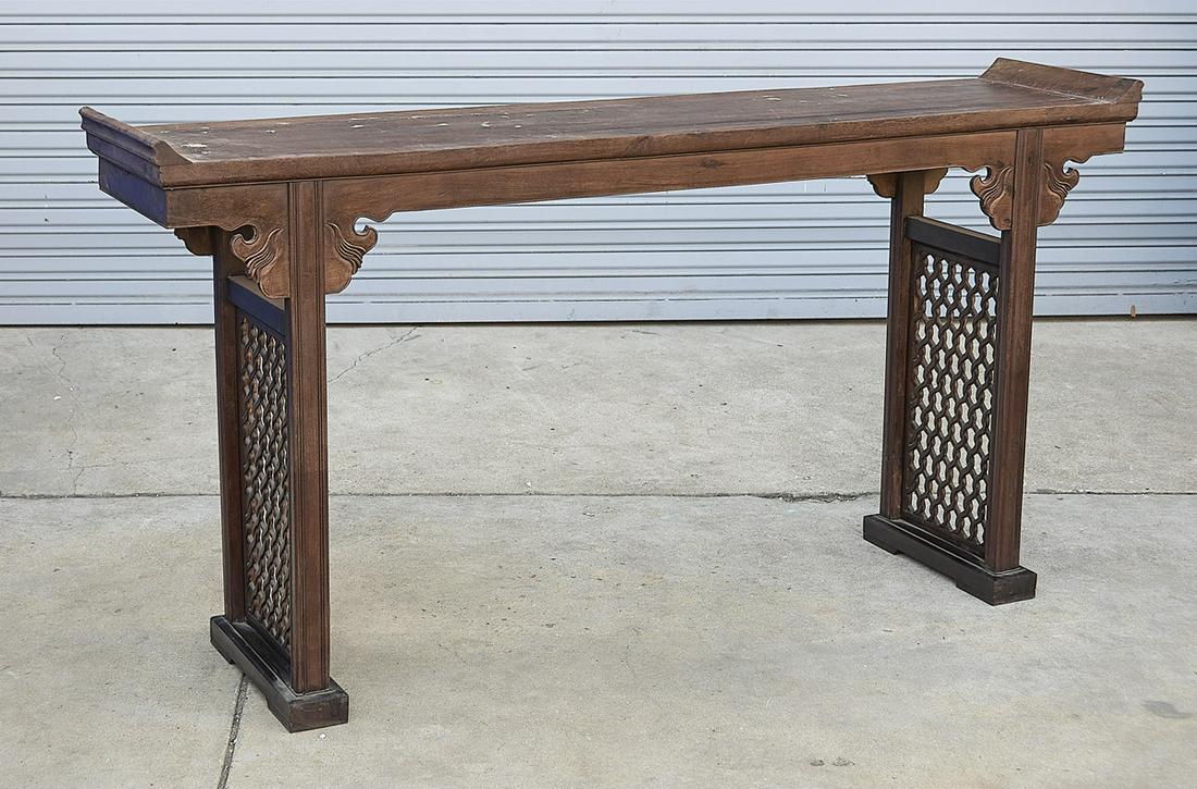 Chinese Hard Wood Altar Table: Chinese hard wood altar table; with lattice side panels; 37" x 71" x 15 1/2" (approx.) Condition: wear, minor loss