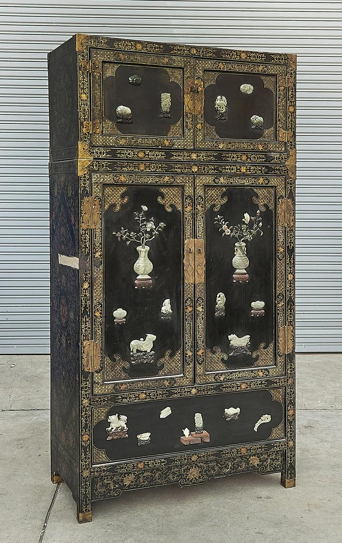 Tall Chinese Painted Hard Wood and Hardstone Cabinet (1 of 4)