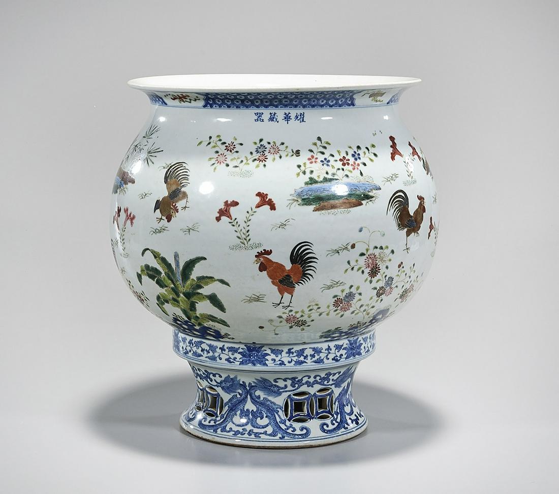 Chinese Blue and White and Enameled Porcelain: Chinese blue and white and enameled porcelain jardiniere; with roosters and flowers design; 14" x 12" (approx.) Condition: general wear, minor loss