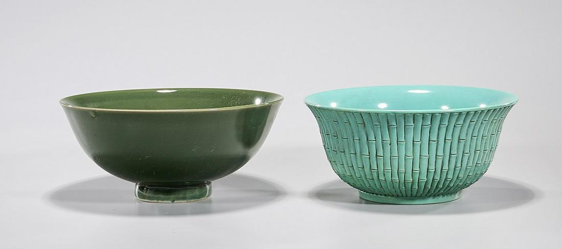 Two Chinese Glazed Porcelain Bowls: Two Chinese monochromatic glazed bowls; turquoise and green; 4" x 9" (larger, approx.) Condition: general wear, frits, pits, minor losses
