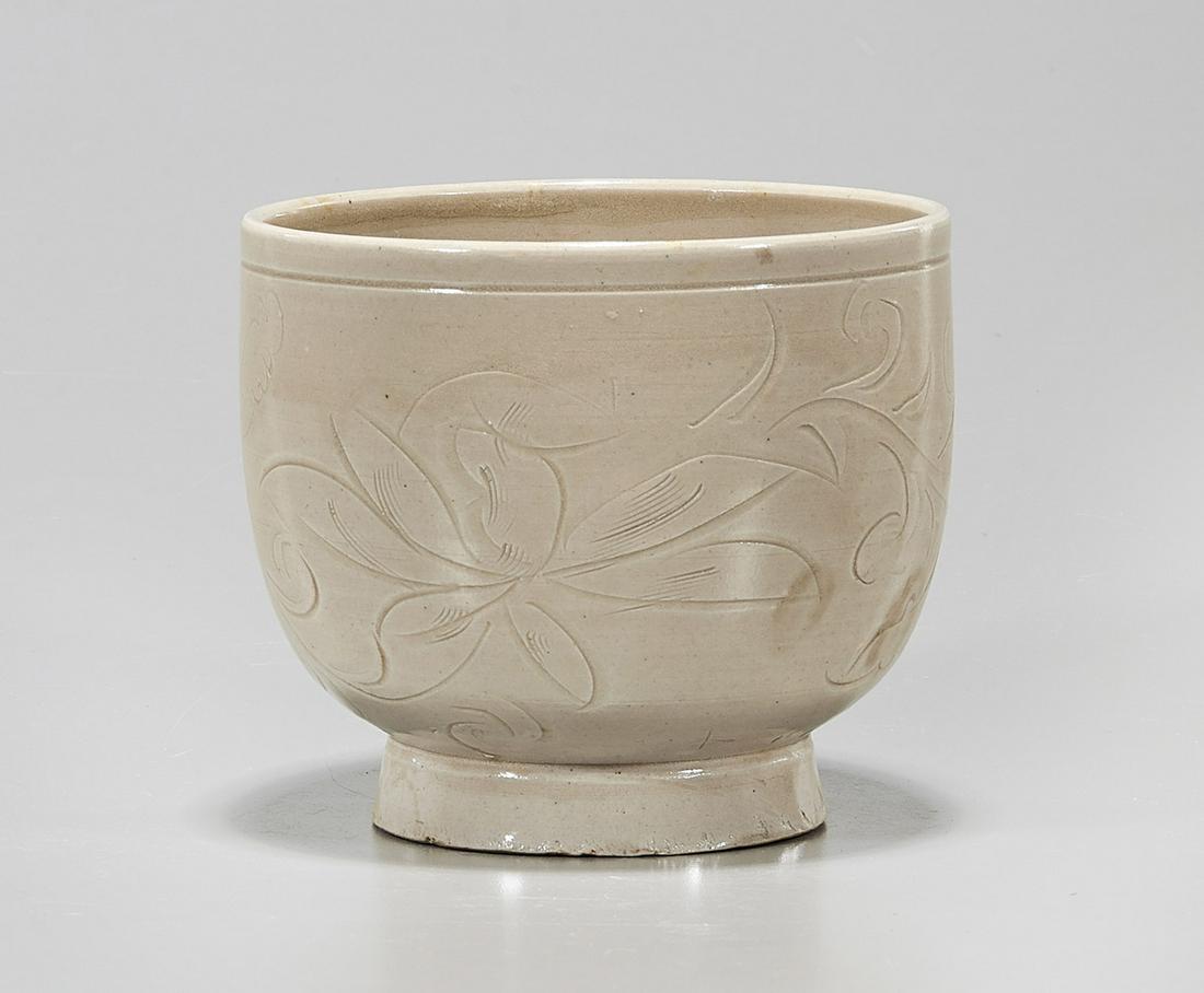 Chinese White Glazed Porcelain Bowl: Chinese white glazed porcelain footed bowl; 4" x 4 1/2" (approx.) Condition: normal wear, frits, pits