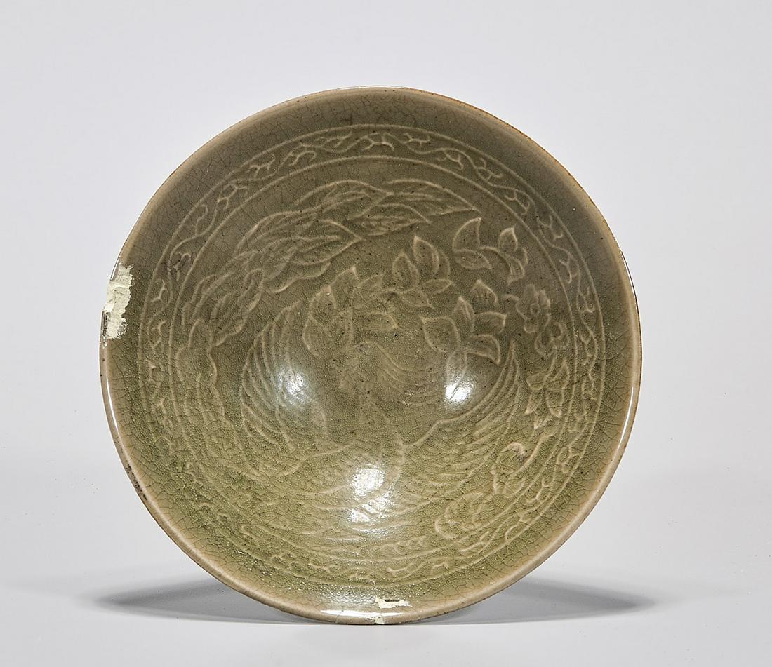 Chinese Celadon Glazed Bowl: Chinese celadon glazed footed bowl; D: 6" (approx.) Condition: general wear, frits, pits, losses