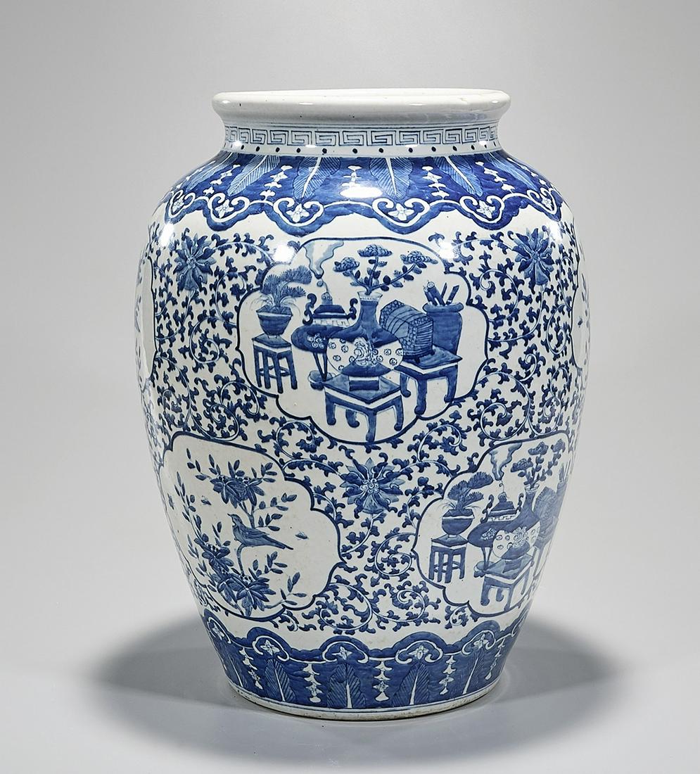 Large Chinese Blue and White Porcelain Jar: Large Chinese blue and white porcelain jar; depicting flowers and vases; 20" x 14 1/2" (approx.) Condition: wear, frits, pits, minor loss