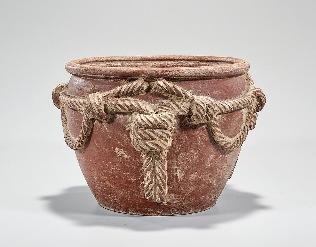 Chinese Pottery Jar: Chinese pottery jar; with high relief enveloping rope design; 9" x 12" (approx.) Condition: wear, firing flaws, minor losses