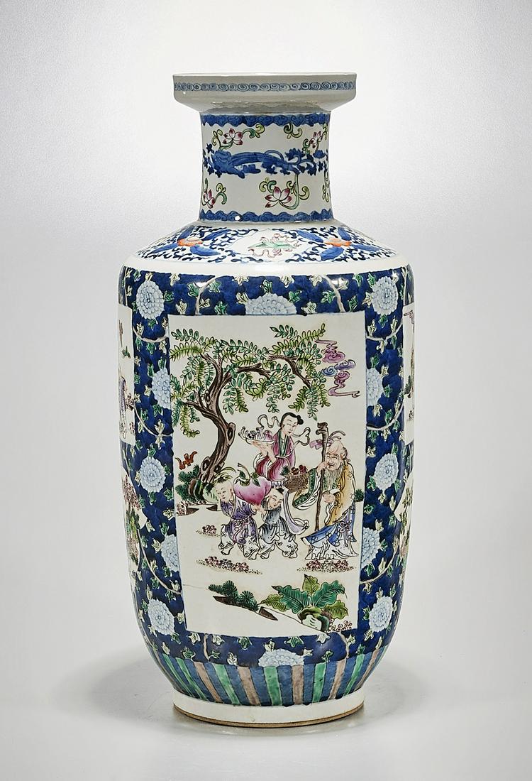 Chinese Enameled Porcelain Vase: Chinese enameled porcelain rouleau vase; with figural scenes flanked by floral design; 18" x 9" (approx.) Condition: wear, frits, pits, minor loss