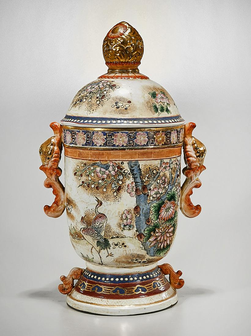 Chinese Enameled Porcelain Covered Vase: Chinese enameled porcelain covered vase; with bird and flower decoration; 20" x 12" x 8 1/2" (approx.) Condition: wear, frits, pits, minor loss