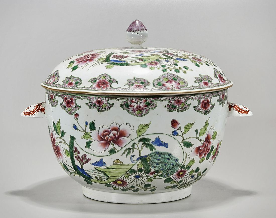 Chinese Enameled Porcelain Covered Tureen: Chinese enameled porcelain covered turee ; with flower decoration; 12" x 15" x 14" (approx.) Condition: wear, frits, pits, minor loss