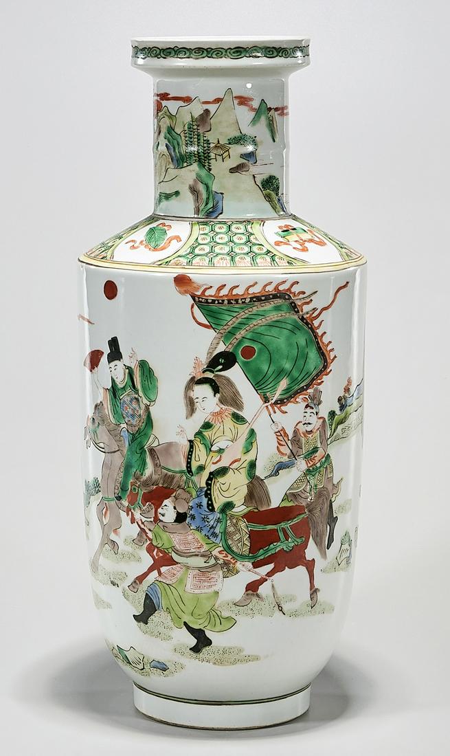 Chinese Famille Verte Porcelain Kangxi-Style Vase: Chinese famille verte porcelain vase; depicting various figures in landscape; mark to base; 18" x 8" (approx.) Condition: wear, frits, pits