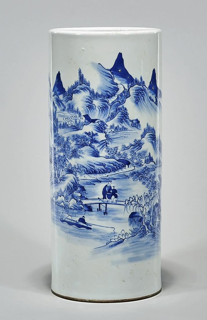 Chinese Blue and White Porcelain Hat Stand: Chinese blue and white porcelain hat stand; depicting landscape with figures; 13 1/2" x 6" (approx.) Condition: wear, frits, pits, minor loss; hairline crack