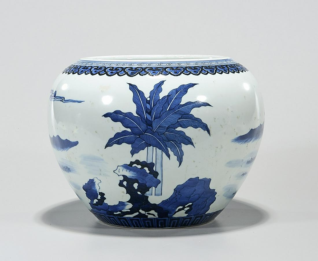 Chinese Blue and White Porcelain Water Pot: Chinese blue and white porcelain water pot; with landscape design; 8" x 10" (approx.) Condition: wear, frits, pits, minor loss