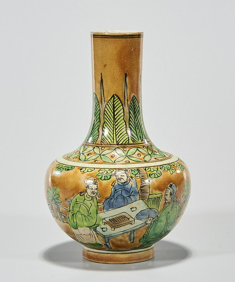 Chinese Enameled Porcelain Vase: Chinese enameled porcelain vase; depicting figures; 7 1/2" x 5" (approx.) Condition: wear, frits, pits, minor loss