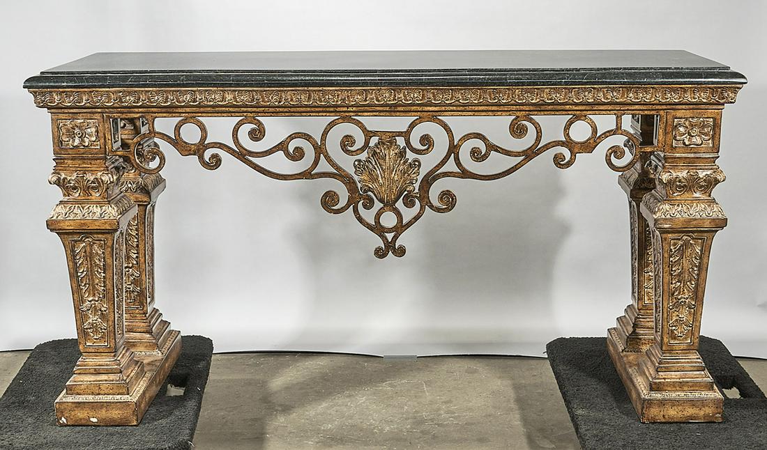European-Style Console Table: European-style console table; imitation stone top with openwork scrolling form apron with center shell design; 36" x 67" x 19 1/2" (approx.) Condition: wear, chip to corner, minor losses