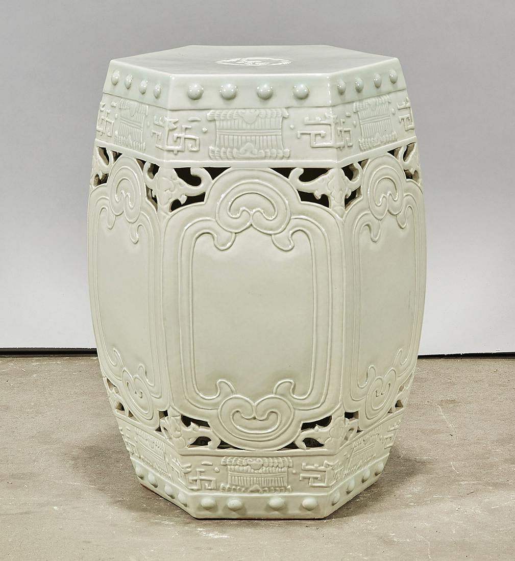Chinese White Glazed Porcelain Hexagonal Garden Seat: Chinese white glazed porcelain hexagonal garden seat; 19" x 14 1/2" (approx.) Condition: wear, minor loss
