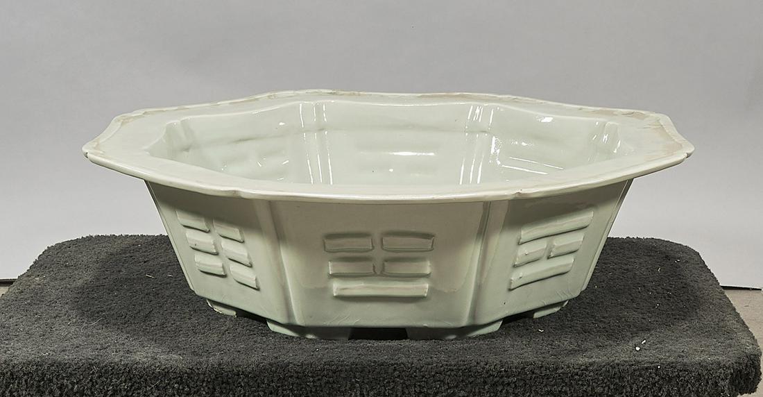 Chinese Qingbai Glazed Octagonal Basin: Chinese qingbai glazed porcelain octagonal basin; 7" x 26 1/2" (approx.) Condition: wear, frits, pits, minor loss
