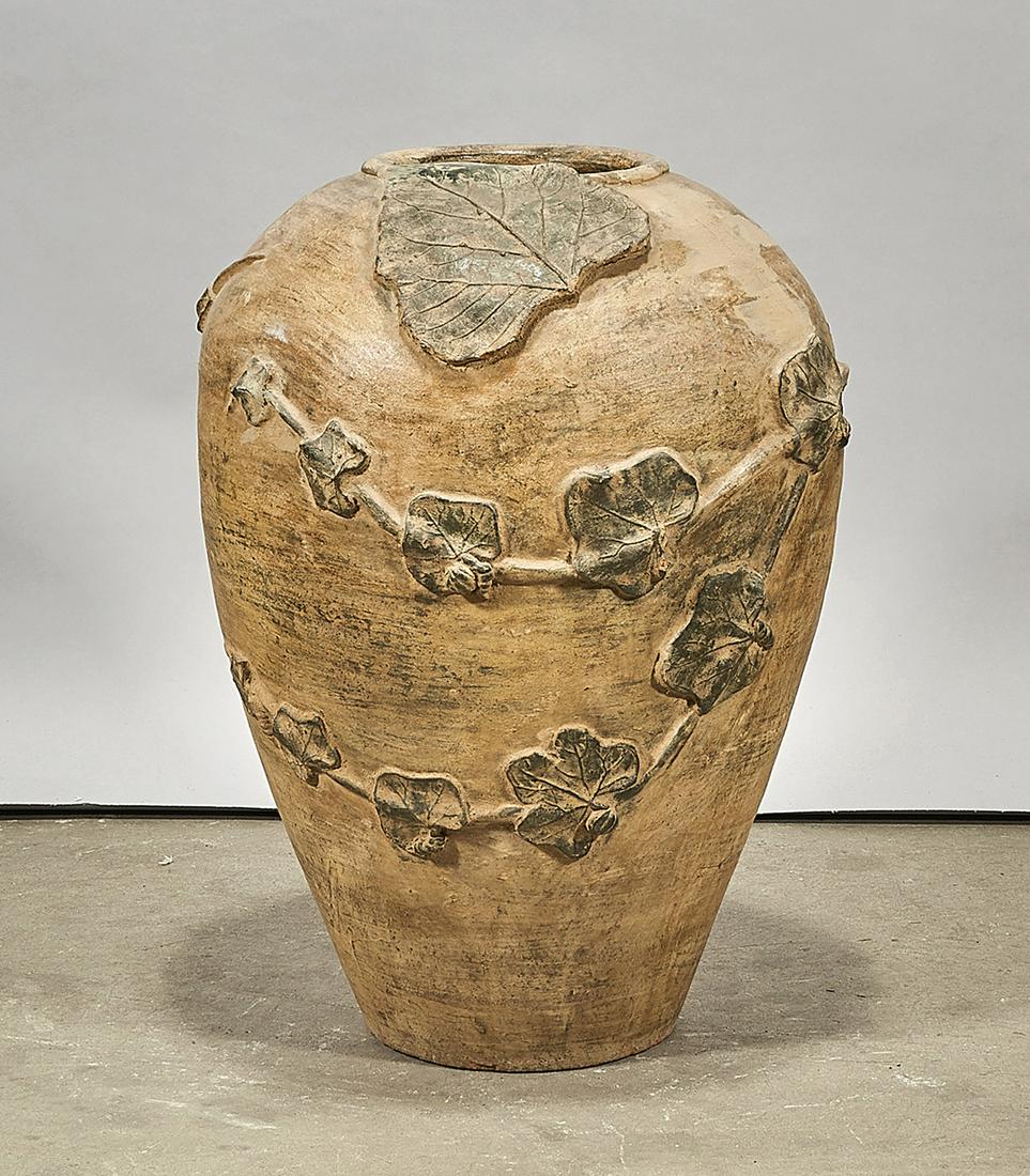 Chinese Glazed Pottery Jar: Chinese glazed pottery jar; with raised foliage design; 22" x 17 1/2" (approx.) Condition: wear, losses