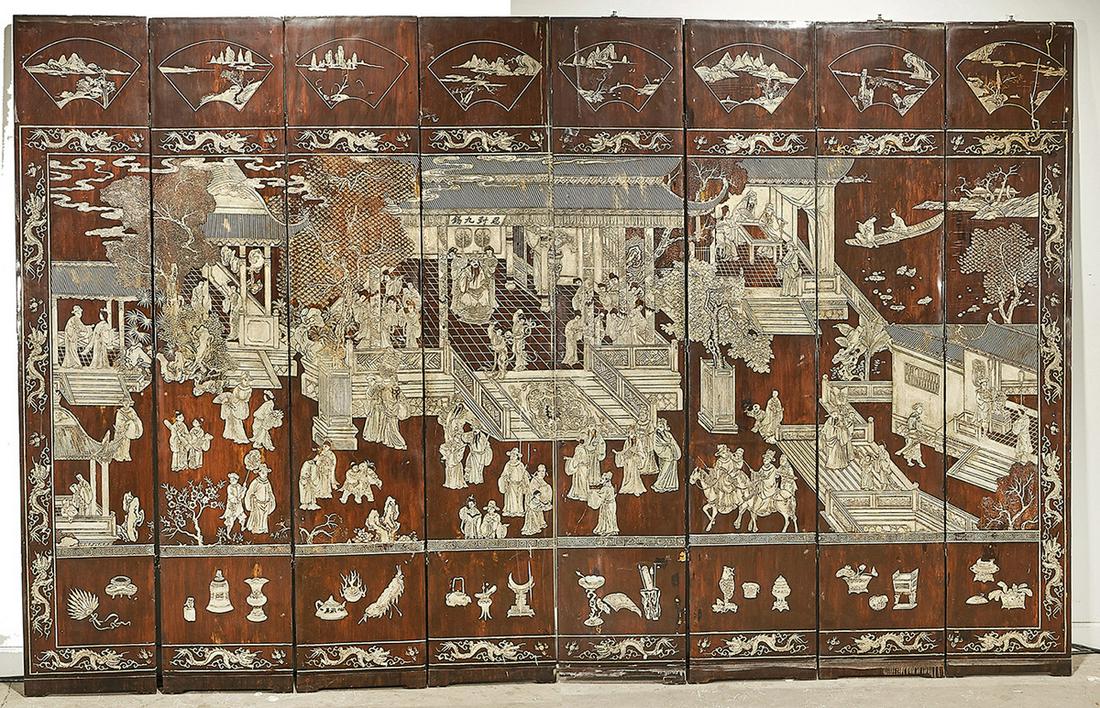 Chinese Eight-Panel Carved Wood Screen: Chinese eight-panel wood screen; with carved designs depicting numerous courtyard scenes with figures; flanked by dragons chasing pearls motif to the perimeter; bamboo scene to reverse; 92" x 18" (eac