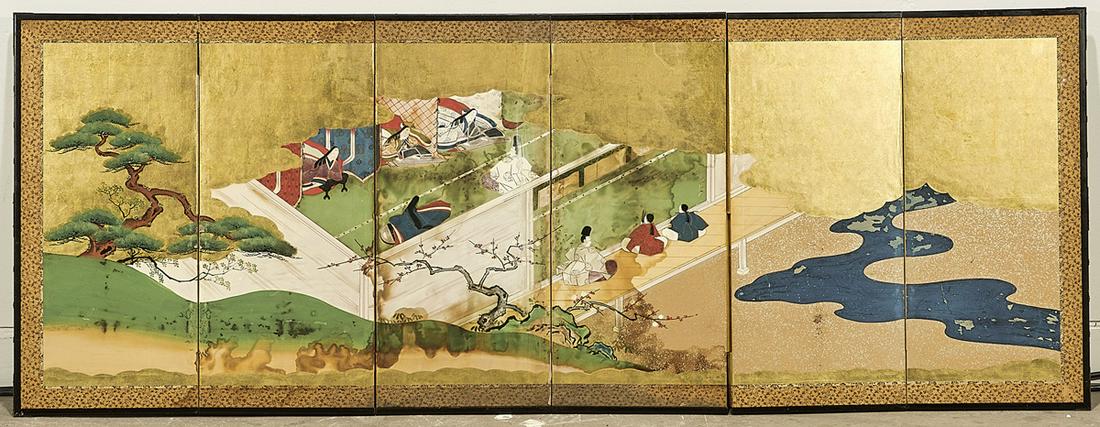 Antique Japanese Six-Panel Painted Paper Screen: Antique Japanese six-panel painted paper screen; depicting figures in a domestic setting; flanked by a landscape of trees; bamboo scenes to reverse; 26 1/2" x 69 (overall, approx.) Condition: wear com