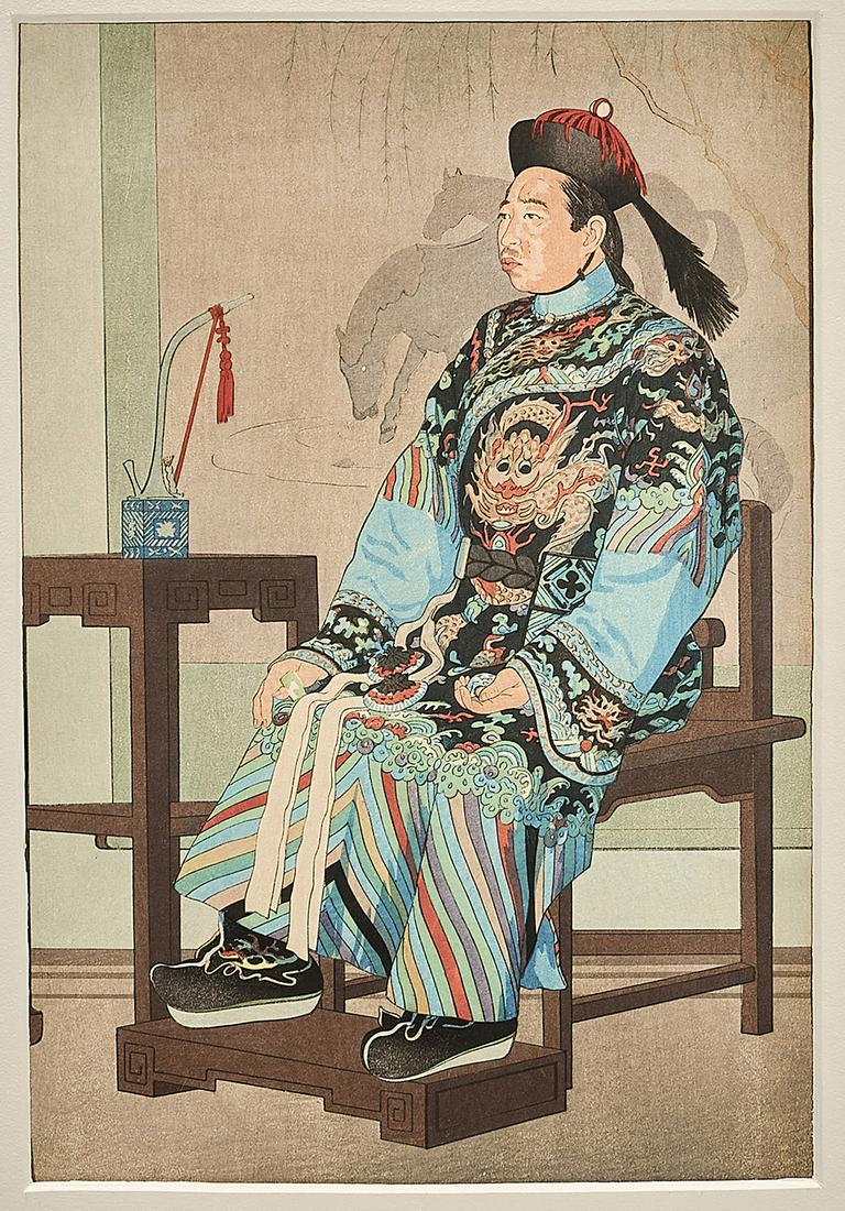 Woodblock Print After Elizabeth Keith: Japanese woodblock print after Elizabeth Keith; "Manchu Official, Peking"; "E4290" in pencil to verso; no signature found; framed; 17" x 12" (sight, approx.) Condition: Tape stains and tape remnants o