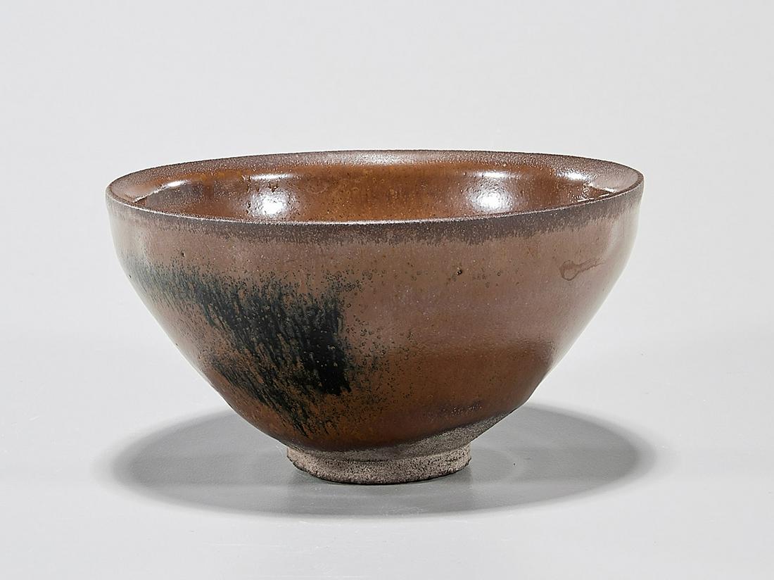Chinese "Hare's Fur" Brown Glazed Ceramic Tea Bowl: Chinese "hare's fur" brown glazed ceramic tea bowl; D: 5" (approx.)