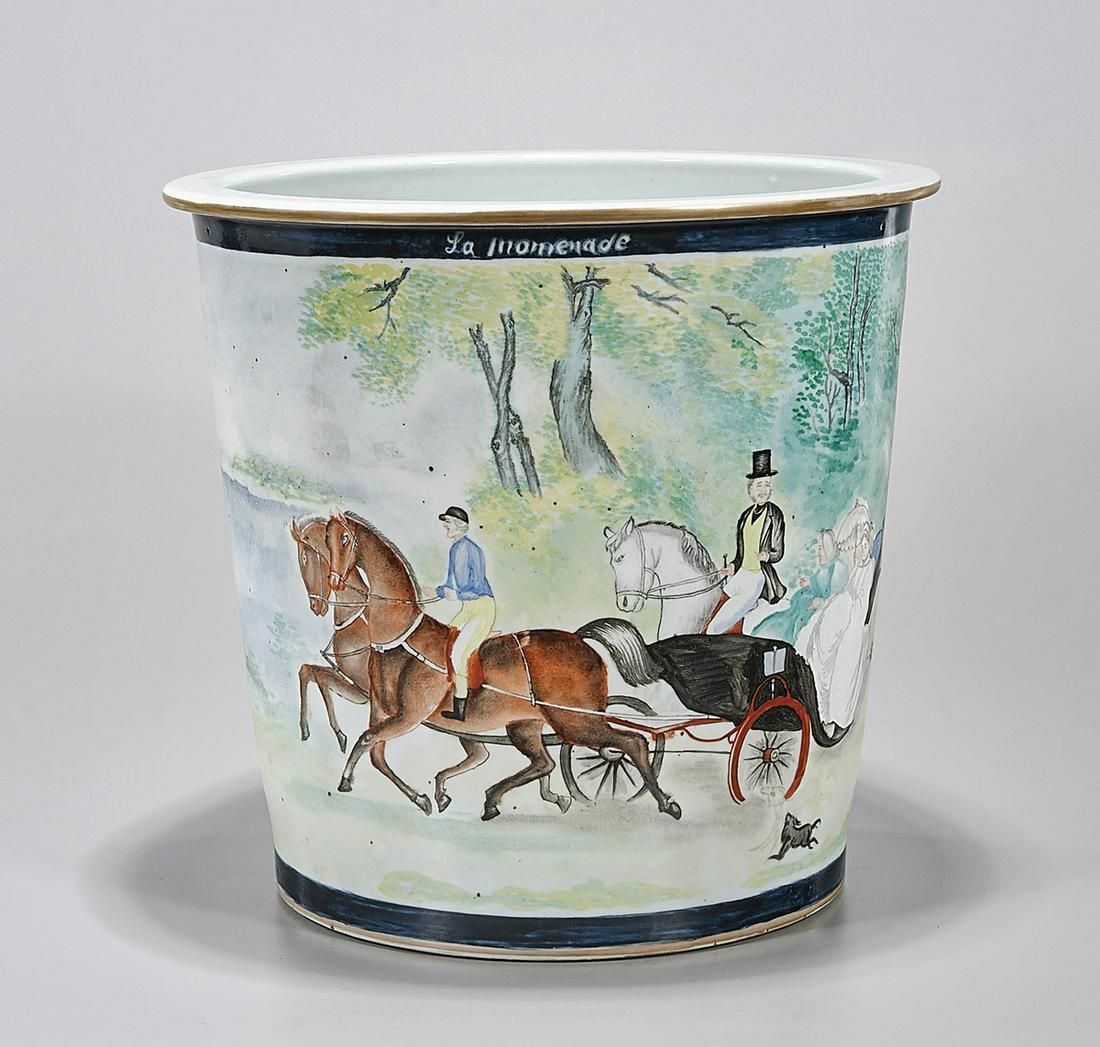 Chinese Painted Porcelain Jardiniere: Chinese export-style painted porcelain jardiniere; depicting a Western scene; 12" x 12 1/2" (approx.) Condition: wear, frits, pits, minor loss