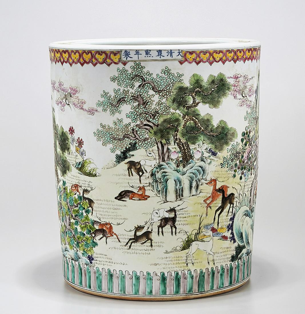 Large Chinese Enameled Porcelain Brush Pot: Large Chinese enameled porcelain brush pot; depicting animals in a landscape; 15" x 13" (approx.) Condition: wear, minor losses