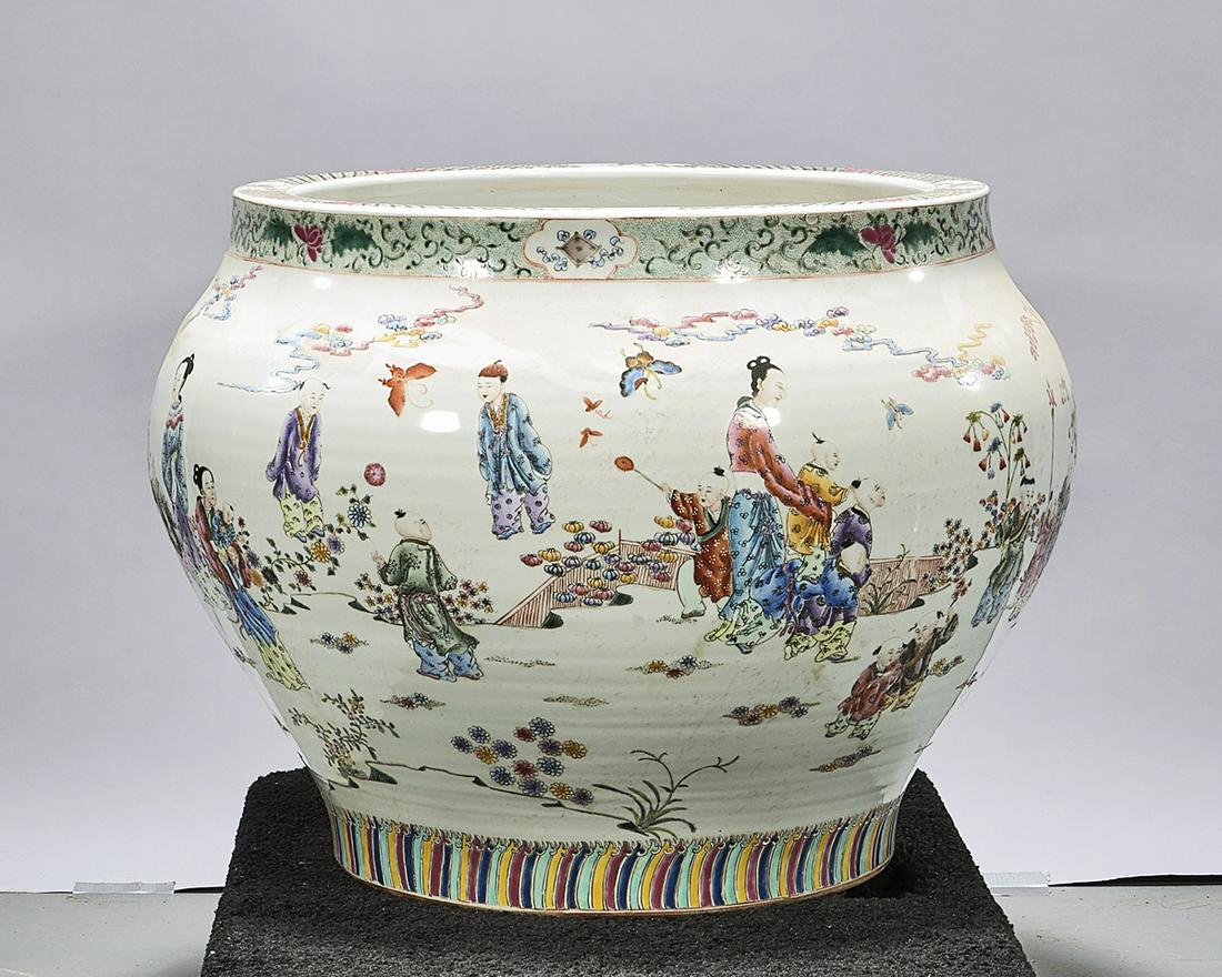 Large Chinese Enameled Porcelain Fish Bowl: Large Chinese enameled porcelain fish bowl; figures in a landscape; interior flower design; 19" x 27" (approx.) Condition: general wear, frits, pits, minor losses