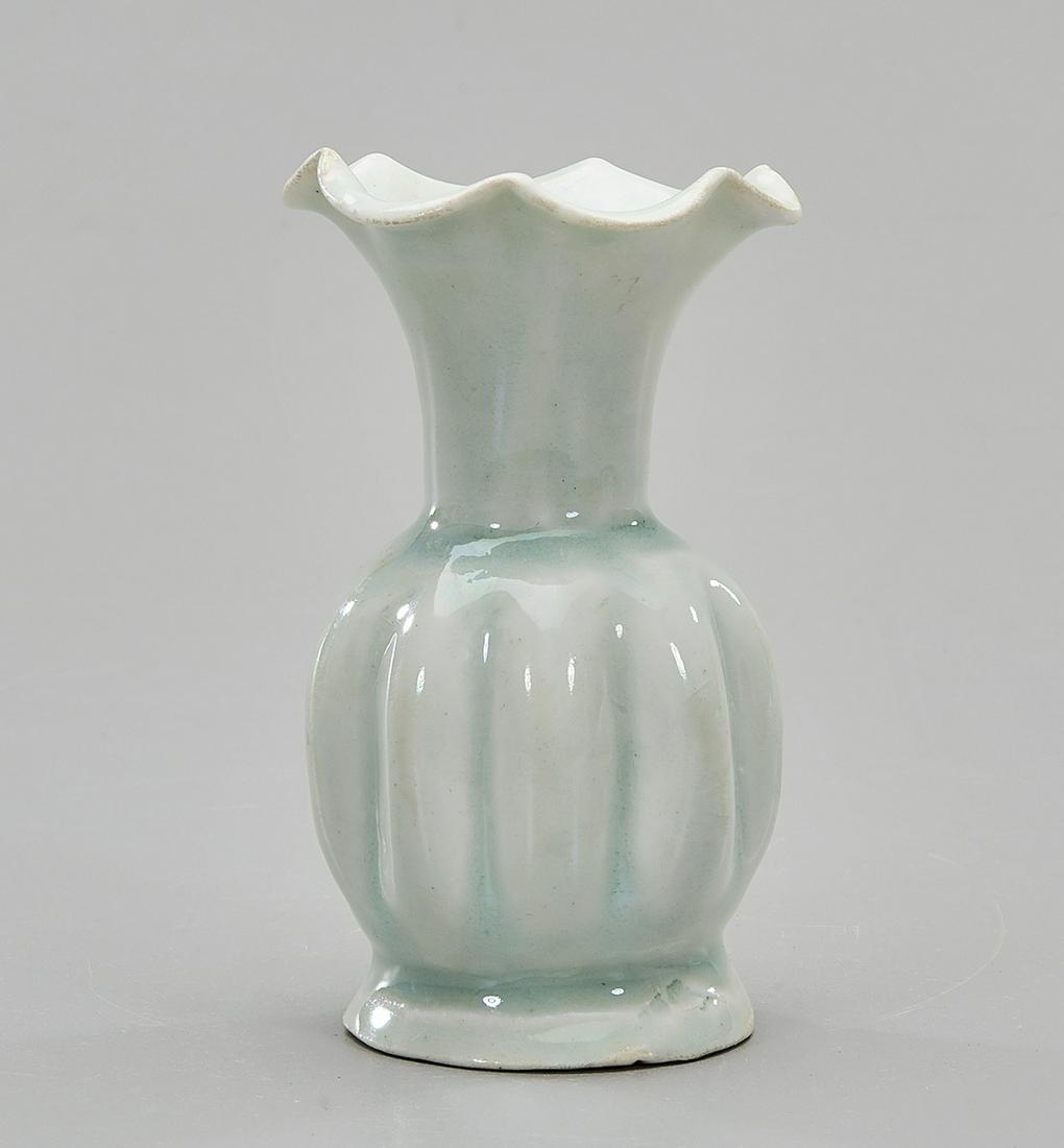 Chinese Miniature Qingbai Porcelain Vase: Chinese qingbai porcelain vase; petal mouth; 4 1/4" (approx.) Condition: wear, frits, pits