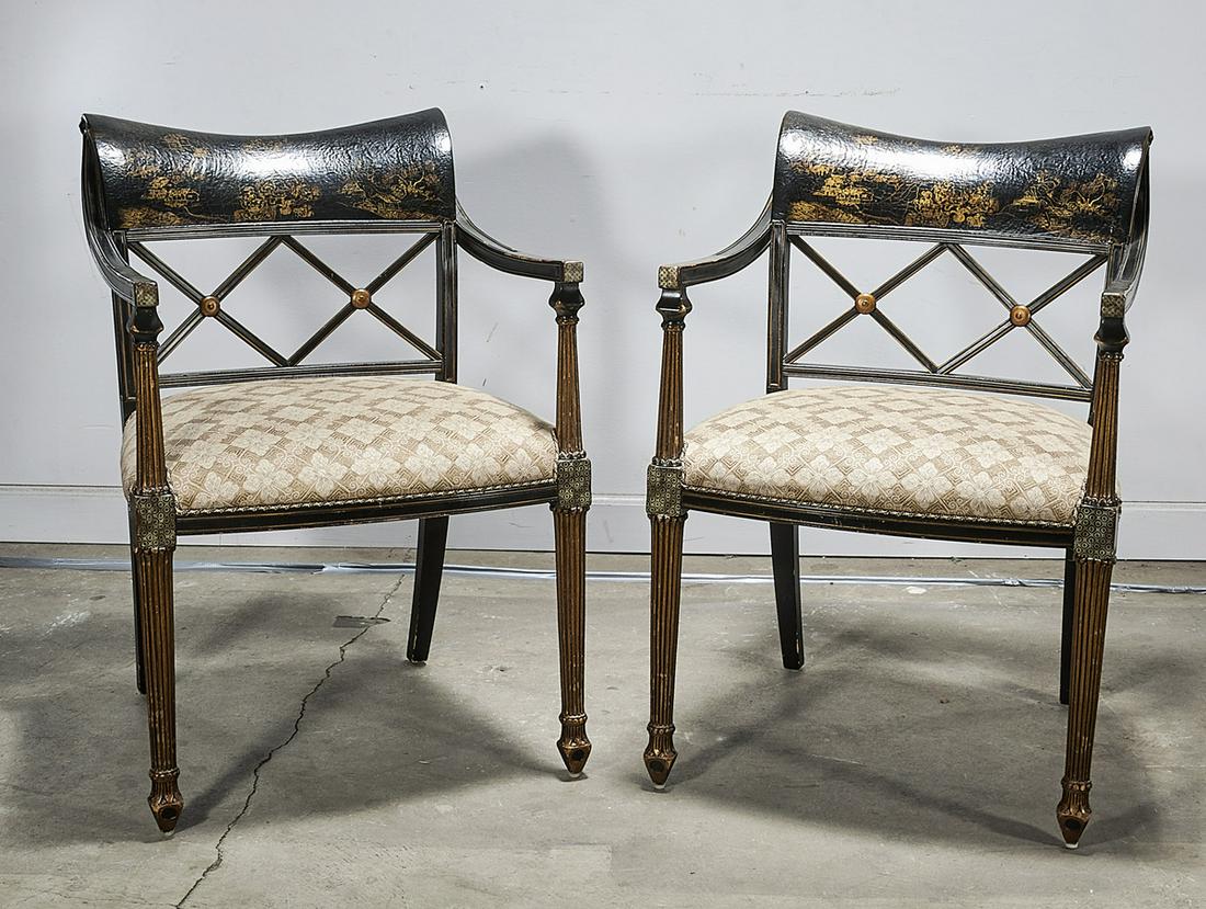 Pair Chinoiserie Armchairs: Pair of chinoiserie cushioned arm chairs; painted landscapes with figures to backs; 34" x 23" x 23" (each, approx.)
