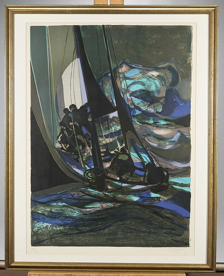 Marcel Mouly Lithograph: Lithograph by Marcel Mouly; slightly abstract figures in a sailboat on waves; signed lower right; no. 198/220 lower left; framed; 26" x 18 1/2" (sight, approx.)