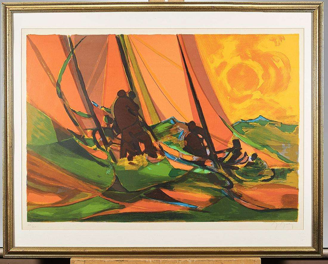 Marcel Mouly Lithograph: Lithograph by Marcel Mouly; slightly abstract figures in a sailboat on waves in sunlight; signed lower right; no. 149/220 lower left; framed; 18 1/2" x 26" (sight, approx.)