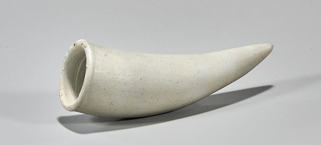 Korean White Glazed Horn-Form Vessel: Korean white glazed horn-form vessel; with wood box; L: 8" (approx.)
