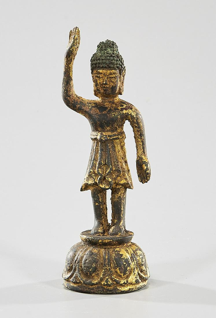 Korean Gilt Bronze Standing Figure of Buddha: Korean gilt bronze standing Buddha; 5" x 2" (approx.)Condition: losses to gilt