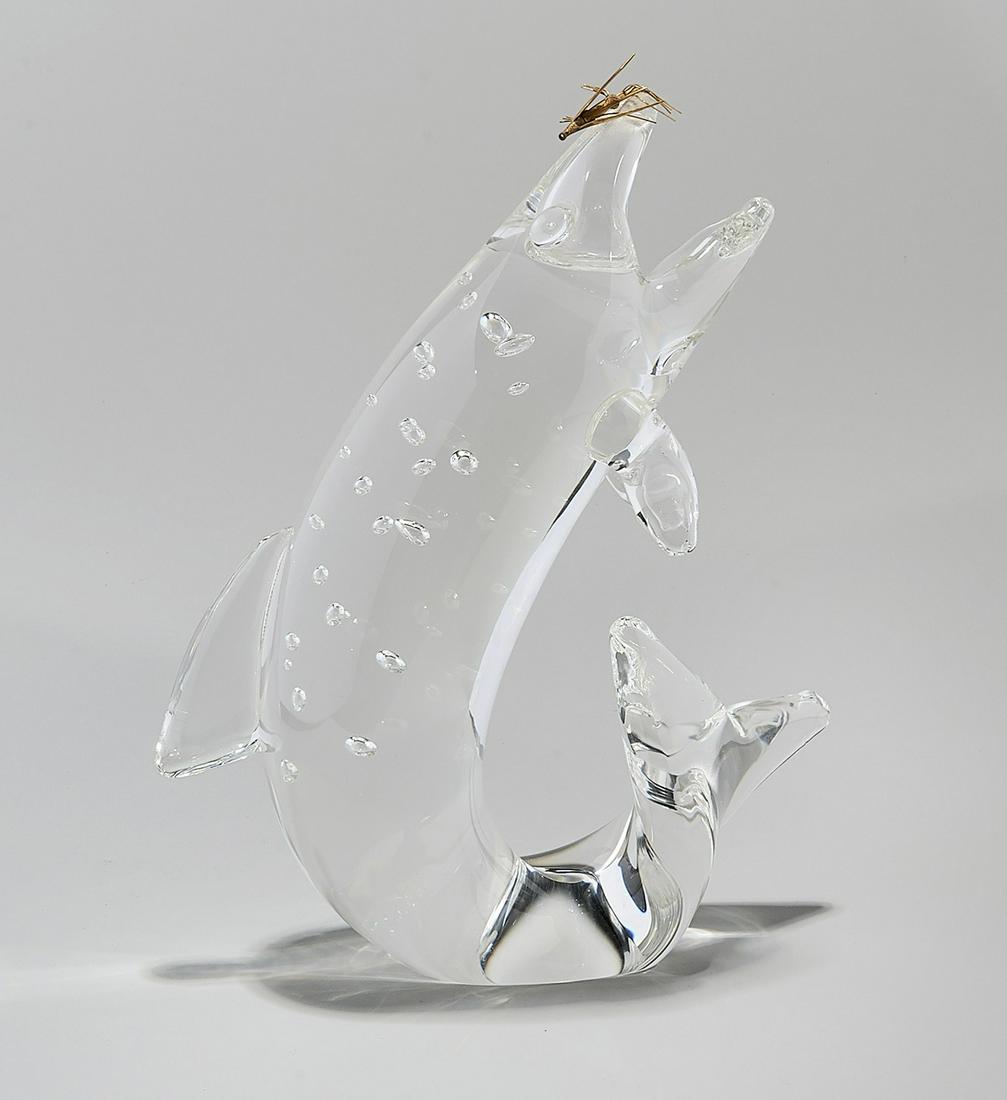 Steuben Crystal and 18KT Gold Trout Sculpture: James Houston for Steuben, crystal and 18KT gold trout sculpture; of clear blown glass with air trap design, with an 18K gold lure, signed. 8 1/2" x 6 3/4" x 2" (approx.)