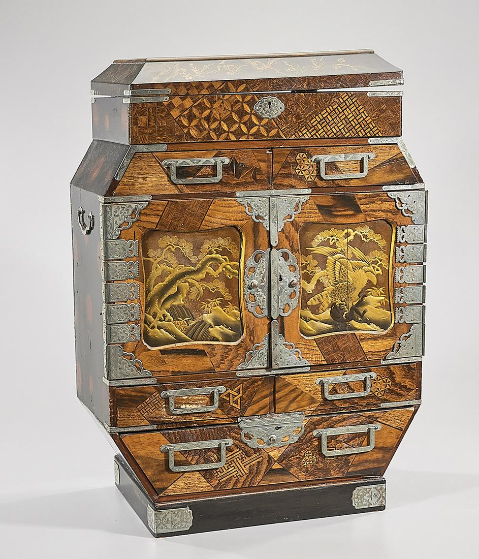 19th Century Japanese Lacquer and Parquetry Cabinet: Antique Japanese lacquer and parquetry cabinet; with five drawers enclosing double doors, opening to six recessed drawers and surmountd by a cofferette with hinged cover; double doors inset with shade